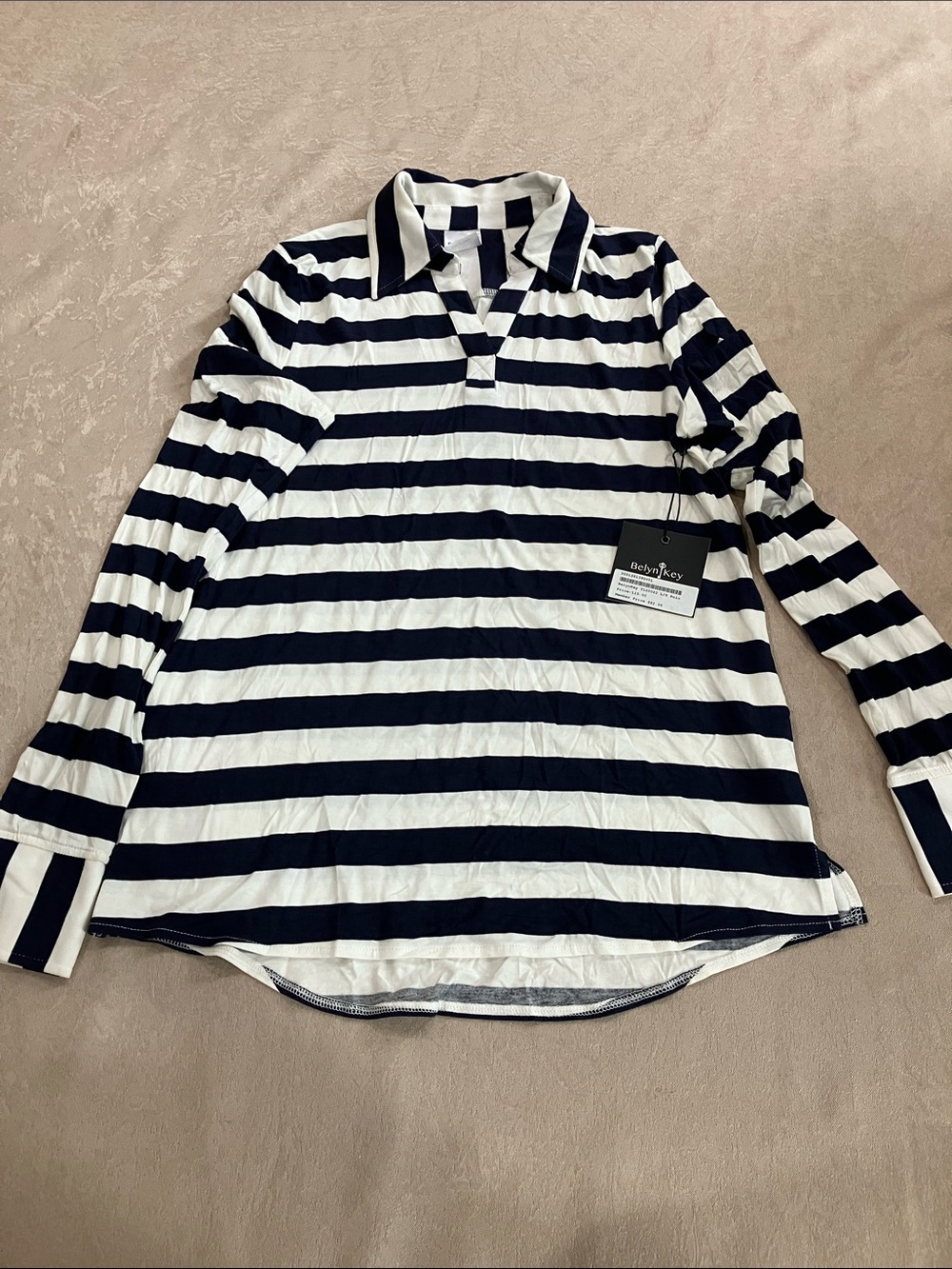 Belyn Key Navy & White Striped Long-Sleeve Polo